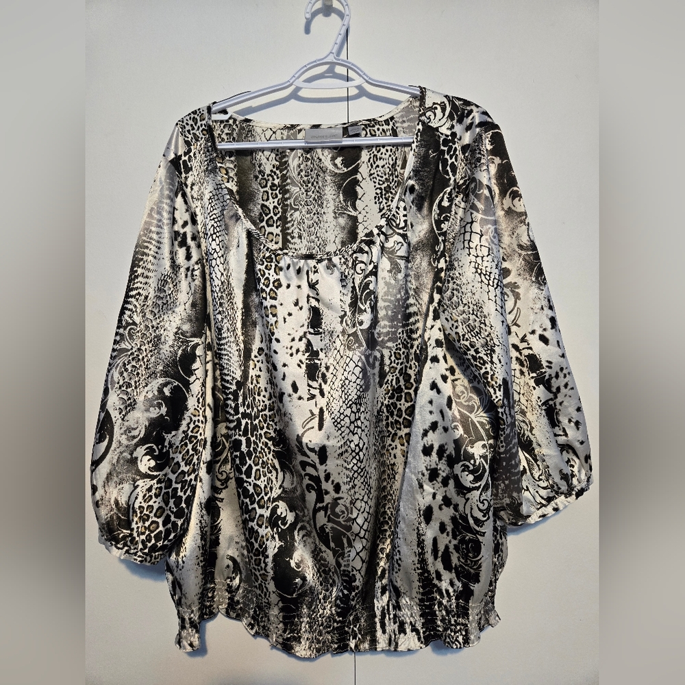 Avenue Plus Size Animal‎ Print Blouse 18/20 Black White Flowy Stretch Top